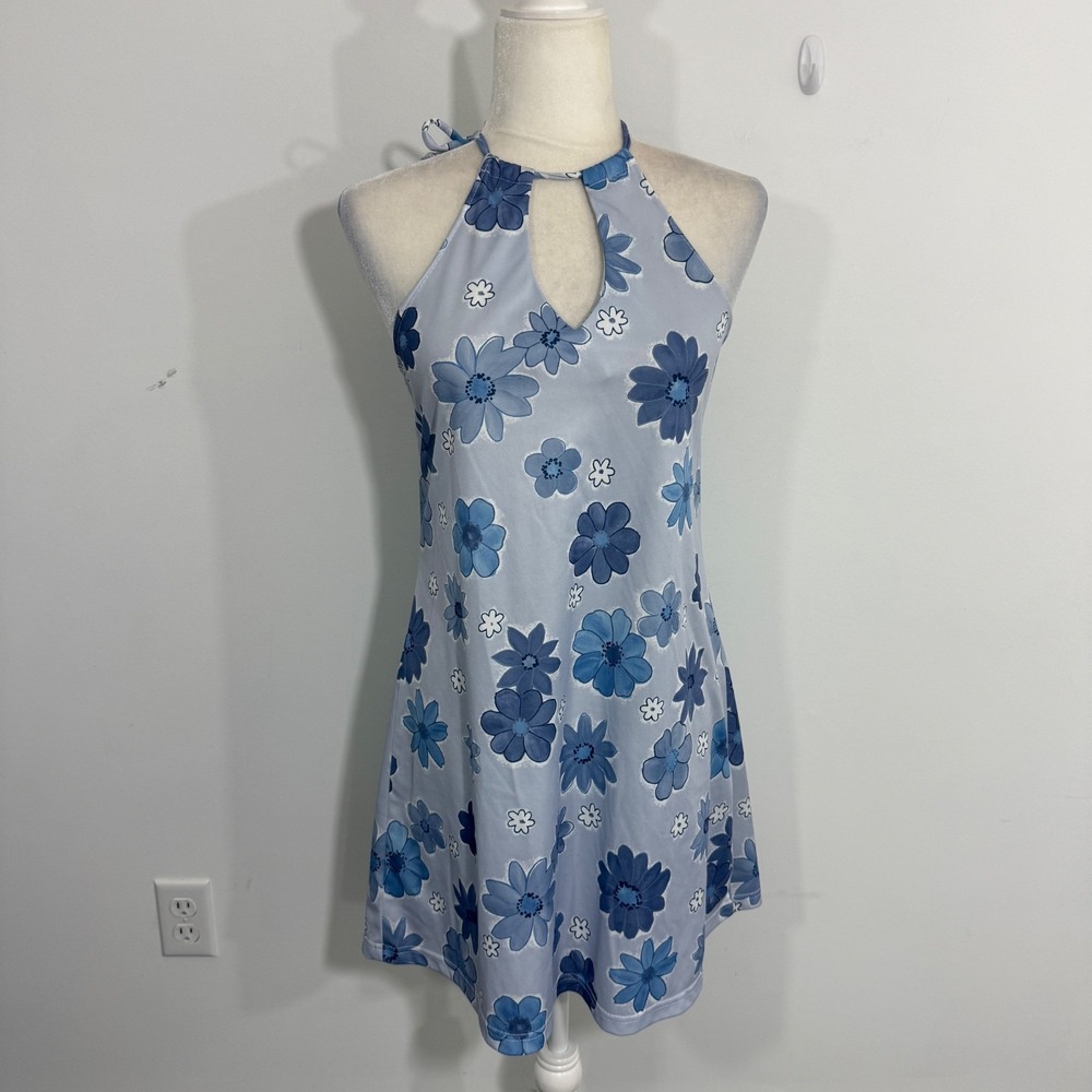 Street Magic Womens Dress L Blue Floral Halter Retro Y2K Coquette Summer